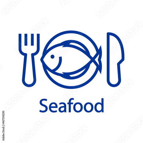 Logotipo restaurante. Banner con texto Seafood y silueta de pescado en plato con tenedor y cuchillo con líneas en color azul