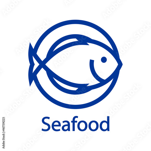 Logotipo restaurante. Banner con texto Seafood y silueta de pescado en plato con líneas en color azul
