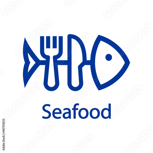 Logotipo restaurante. Banner con texto Seafood y silueta de cubiertos como espinas de pescado con líneas en color azul