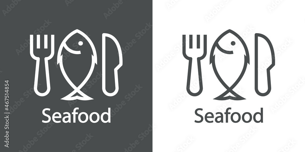 Logotipo restaurante. Banner con texto Seafood y silueta de pescado con tenedor y cuchillo con líneas en fondo gris y fondo blanco Logotipo restaurante. Banner con texto Seafood y silueta de pescado con tenedor y cuchillo con líneas en fondo gris y fondo blanco