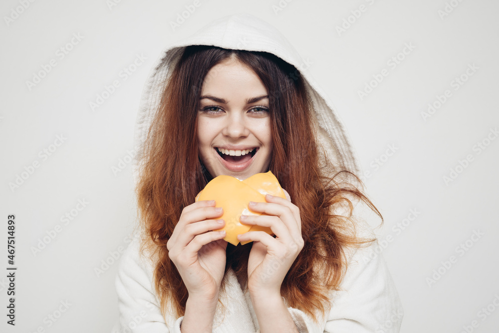 cheerful woman eating sandwich snack fast food cheerful woman eating sandwich snack fast food