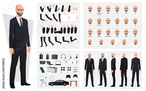 Bald Man Wearing Suit and Glasses Character Creation Set with Hand Gestures, Emotions and mouth Animation Premium Vector