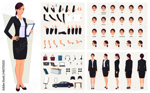 Business Woman Wearing Suit Character Constructor with Lip Sync, Emotions, and Hand Gestures design