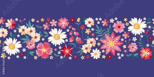 Embroidery seamless border with colorful summer flowers. Floral embroidered pattern. Fashion print.
