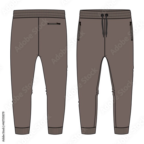 Khaki color Basic Sweat pant technical fashion flat sketch template front and back views. Apparel Fleece Cotton jogger pants vector illustration drawing mock up for kids and boys. 