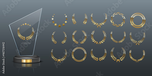 Glass award with gold laurel wreath, 3d realistic acrylic mockup prize for winner