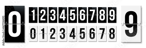 Flip board style numbers vector illustration. Airport terminal, arrival board with numbers template. Realistic flip scoreboard, analog timetable or countdown symbols. Flight destination display