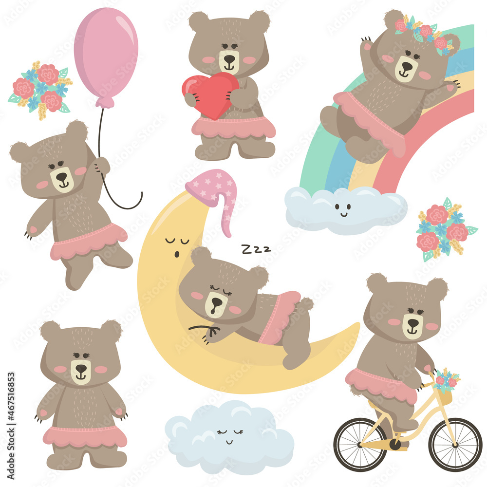 Obraz premium Vector illustration set of cartoon cute bear girl in different poses. The bear holds a heart, rides on a rainbow, sleeps on the moon, flies on a balloon, rides a bicycle.