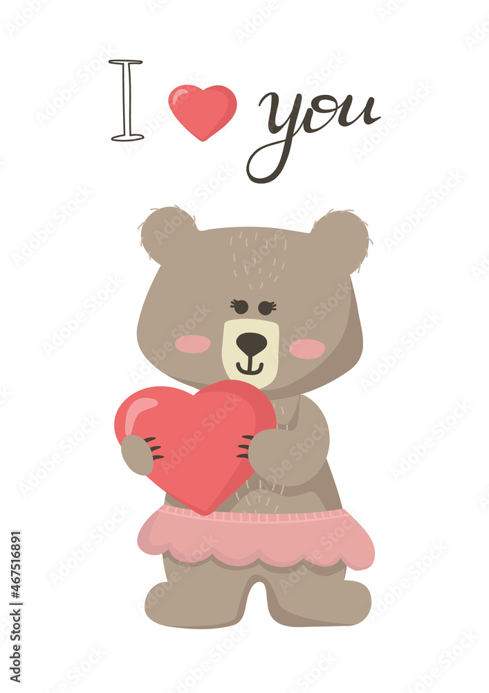 Obraz premium Vector illustration cartoon cute bear girl holding a heart and lettering I love you.Teddy bear illustration is suitable for baby textiles, t-shirts, clothes, room decor.