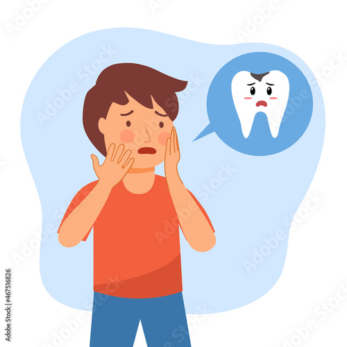 Boy child having painful toothache cartoon character in flat design. Dental problem and oral treatment concept.