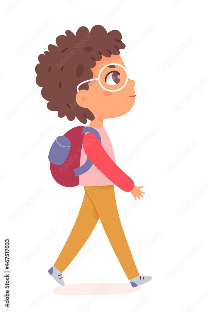 Cute boy walking with backpack to school, little funny schoolboy character in glasses Cute boy walking with backpack to school, little funny schoolboy character in glasses