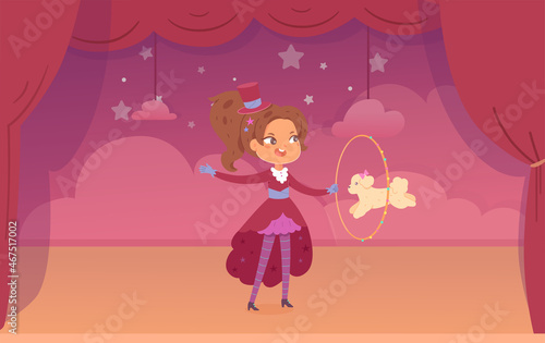 Circus trick, performer tamer kid and trained dog, talent poodle jumping through ring