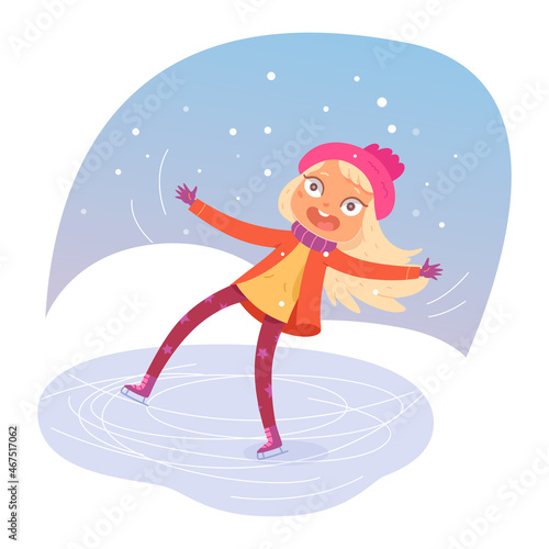 Cute child falling on ice rink,skater blond girl dancing, skating in winter snowy park