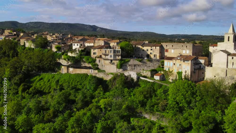 Aerial fly over during summer of the french village of Venasque France in the heart of Provence Aerial fly over during summer of the french village of Venasque France in the heart of Provence