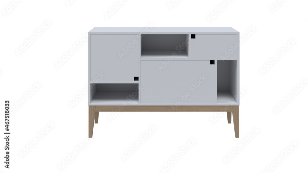 Front view of divided white sideboard isolated on white background Front view of divided white sideboard isolated on white background