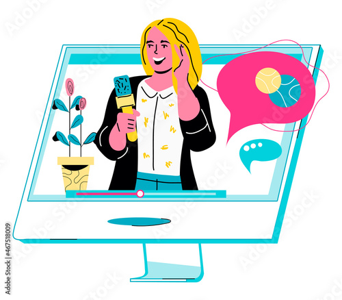 Online news update announcements on social network with announcer holding  microphone. News blog live stream, flat vector illustration isolated on white background. 
