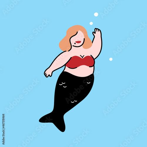 Cute cartoon fat mermaid character. Happy mermaid swimming in blue transparent water. Vector cartoon illustration.