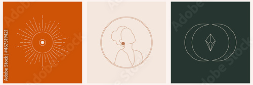 Mystic linear set template logo wich geometric beautiful esoteric women, sunset and moon abstract in trendy linear minimal esoteric style. Celestial and magical abstract print.