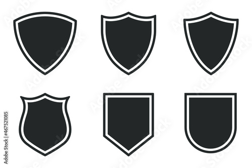 Shield shape vector icon set. Protection and security symbol collection. Safety and defence sign. Heraldic logo. Clip-art silhouette.
