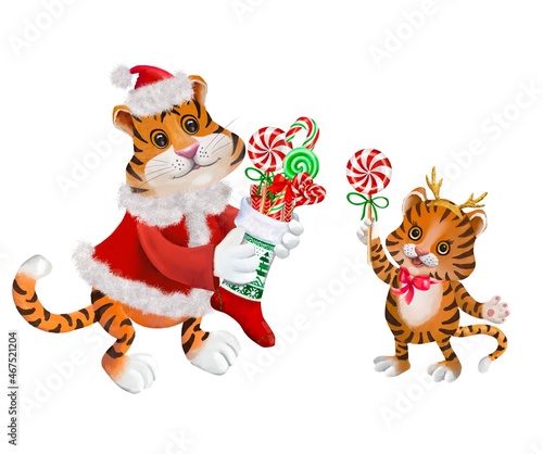 Tiger  with Santa hat ,watercolor cute animals  © Marina