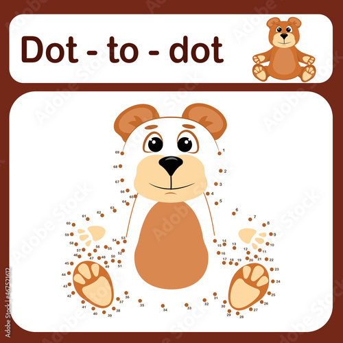 Dot-to-dot game for kids vector illustration. A puzzle game with tracking lines of numbers with a teddy bear. Coloring book for kids.