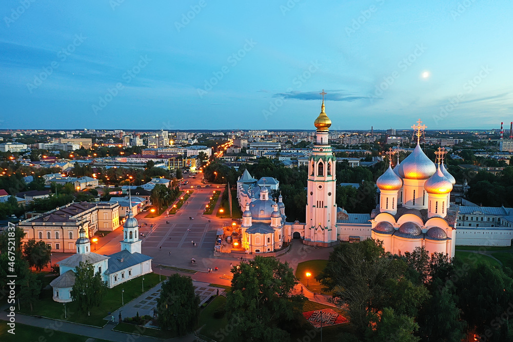 vologda kremlin night, evening panorama landscape, aerial view from drone, architecture russia cathedral and church