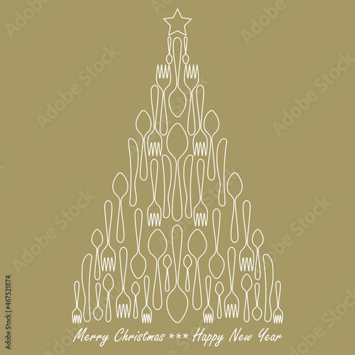 Christmas tree, menu design. Greeting card of cutlery utensils. Vector illustration Merry Christmas