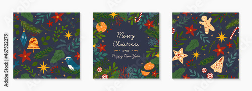 Christmas and Happy New Year greeting banner and seamless patterns.Festive vector layouts with hand drawn traditional winter holiday symbols.Xmas designs for banners,invitations,prints,social media.