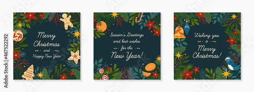 Set of Christmas and Happy New Year greeting banners templates.Festive vector layouts with hand drawn traditional winter holiday symbols.Xmas trendy designs for banners,invitations,prints,social media