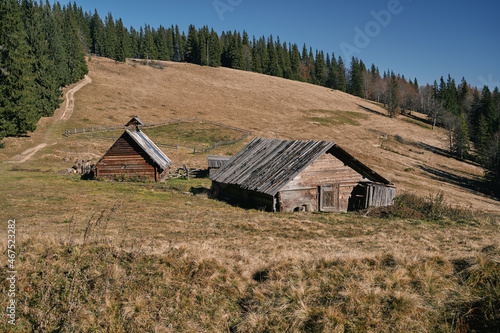 Traditional wooden shepherds house. Kukul ridge. Polonina. Ukrainian Carpathian mountains.