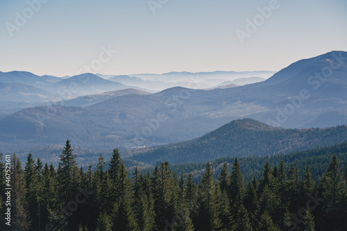 Views of the neighboring mountains from the Kukul ridge. Ukrainian Carpathian mountains. Autumn in the mountains.
