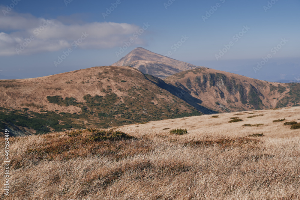Chornogora ridge. Sunny autumn day in the mountains. Ukrainian Carpathian mountains.