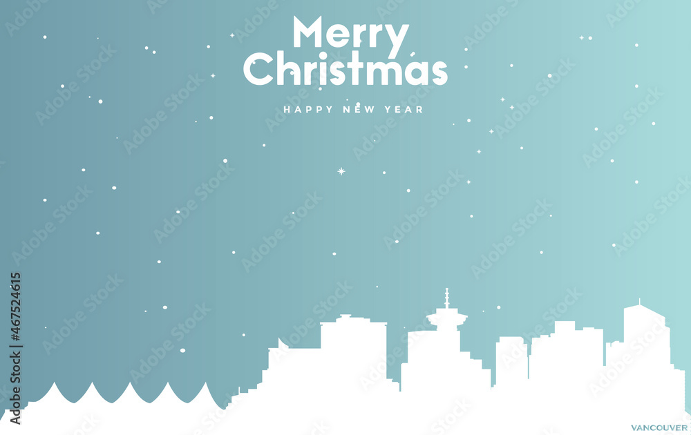 Christmas and new year blue greeting card with white cityscape of Vancouver