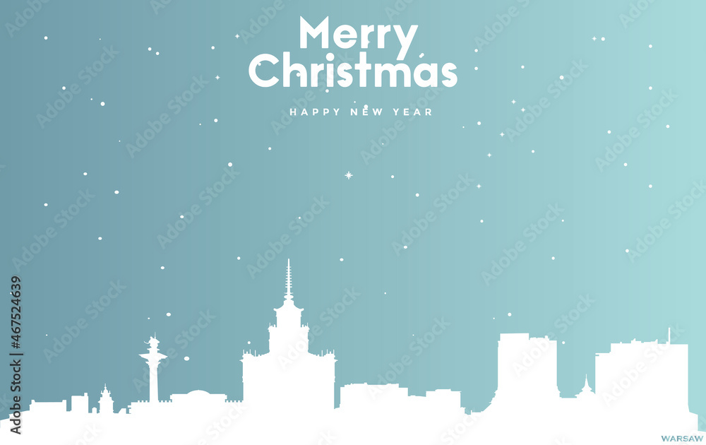 Christmas and new year blue greeting card with white cityscape of Warsaw
