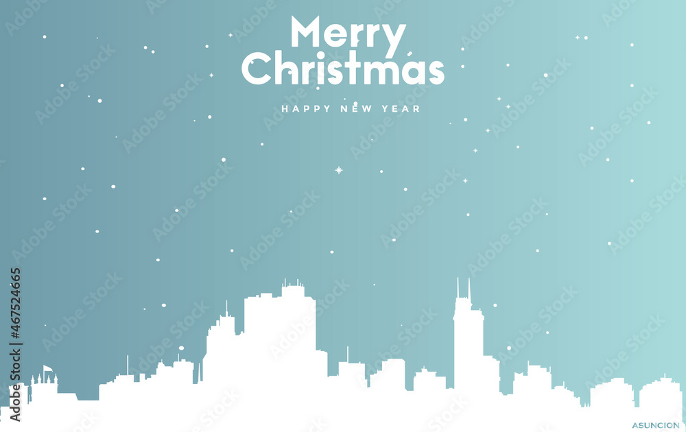 Christmas and new year blue greeting card with white cityscape of Asuncion