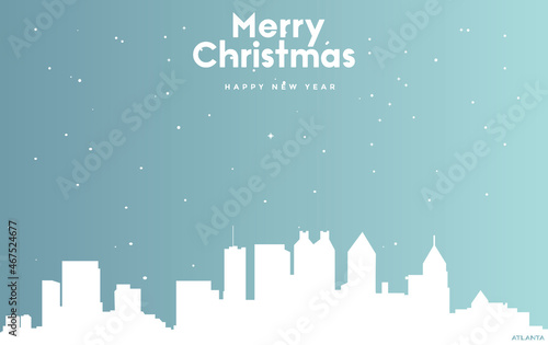 Christmas and new year blue greeting card with white cityscape of Atlanta