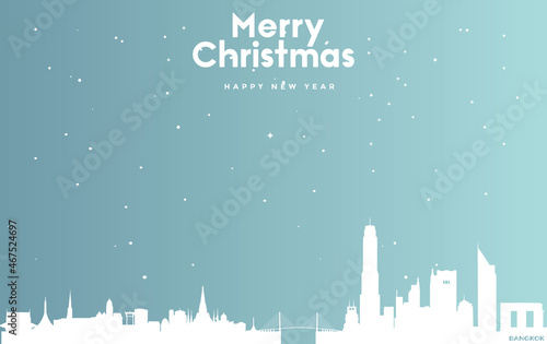 Christmas and new year blue greeting card with white cityscape of Bangkok