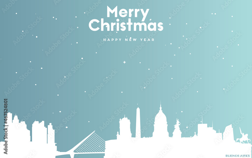 Christmas and new year blue greeting card with white cityscape of Buenos Aires