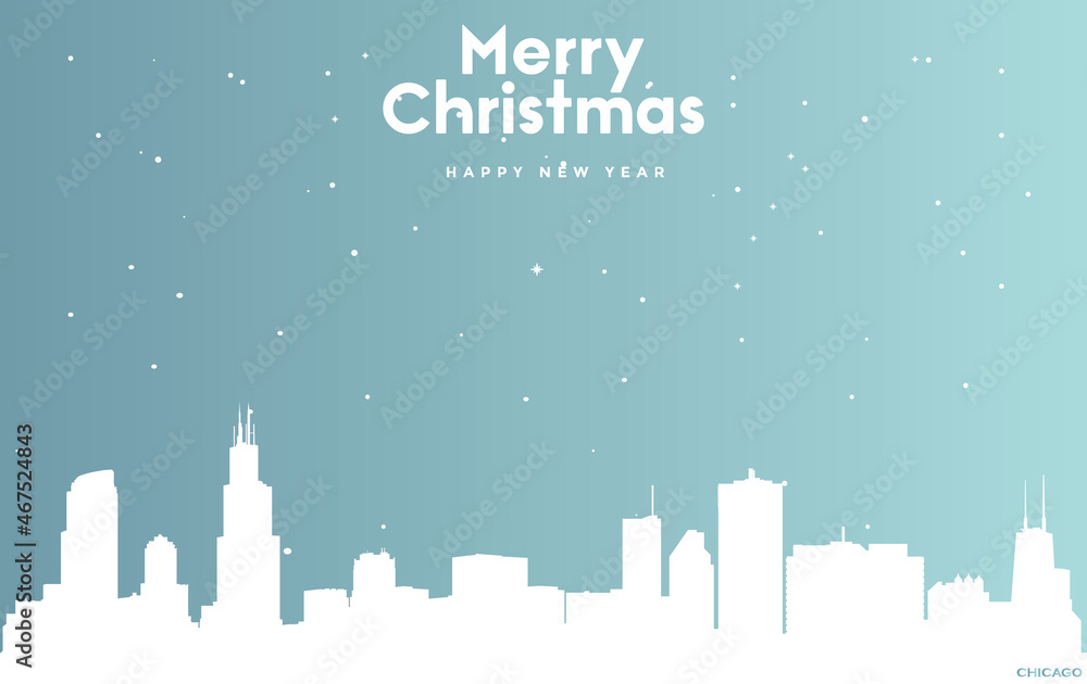 Christmas and new year blue greeting card with white cityscape of Chicago