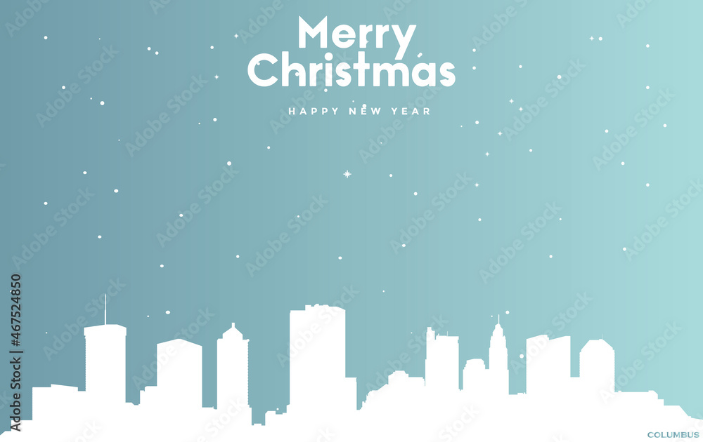 Christmas and new year blue greeting card with white cityscape of Columbus