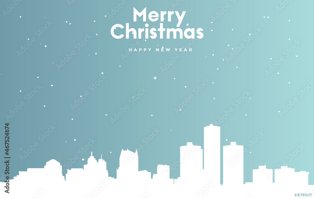Christmas and new year blue greeting card with white cityscape of Detroit