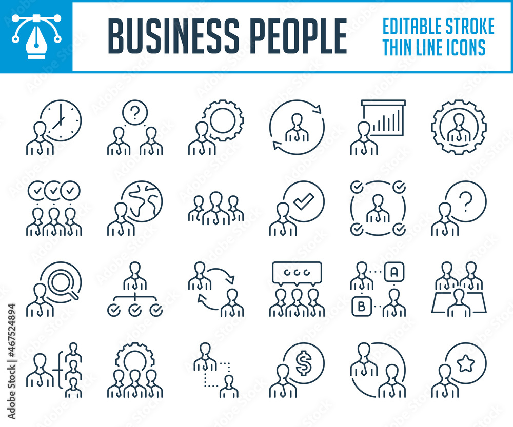 Business people and Leadership thin line icons. outline icon set. Team, Teamwork and Partnership. Editable stroke icons.