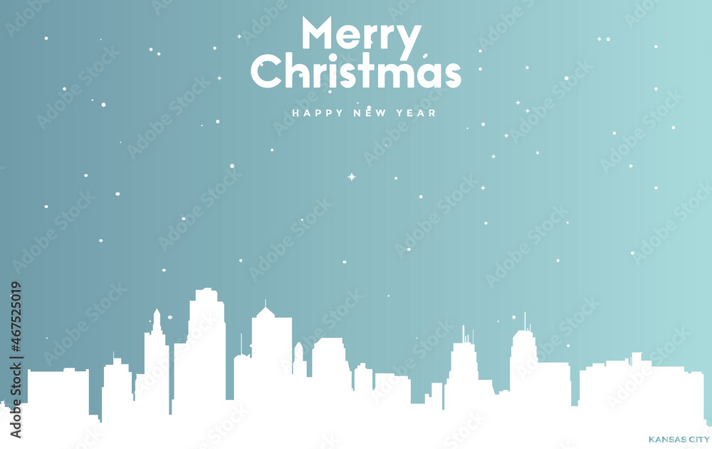 Christmas and new year blue greeting card with white cityscape of Kansas City