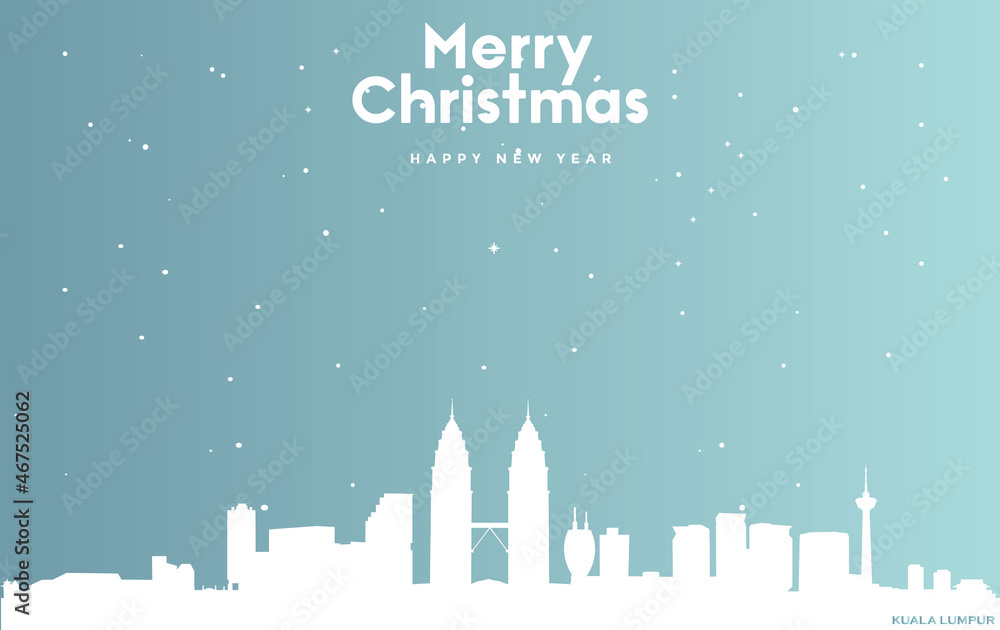 Christmas and new year blue greeting card with white cityscape of Kuala Lumpur