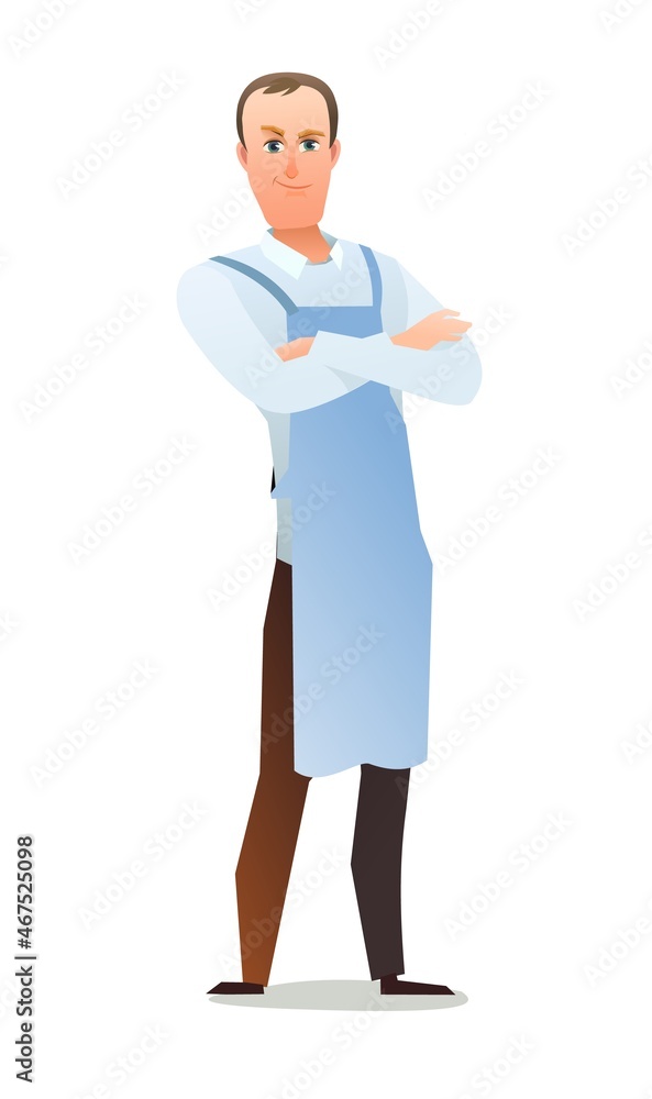 Man craftsman or artist. Guy in apron. Master in workwear. Cheerful person. Standing pose. Cartoon comic style flat design. Single character. Illustration isolated on white background. Vector Man craftsman or artist. Guy in apron. Master in workwear. Cheerful person. Standing pose. Cartoon comic style flat design. Single character. Illustration isolated on white background. Vector