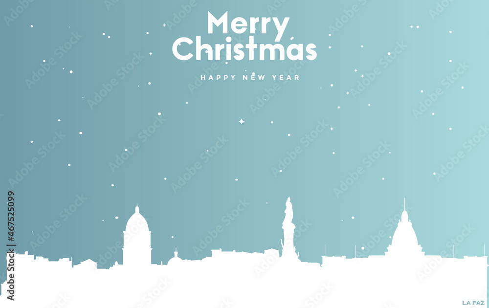 Christmas and new year blue greeting card with white cityscape of La Paz