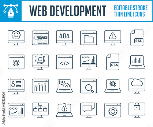 Web development and Application thin line icons. Software, Coding and Programming outline icon set. Editable stroke icons.
