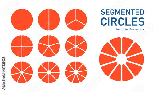 Segmented circles set. Infographic chart pie from 1 to 10. Fraction mathematics icon. Vector illustration on white background
