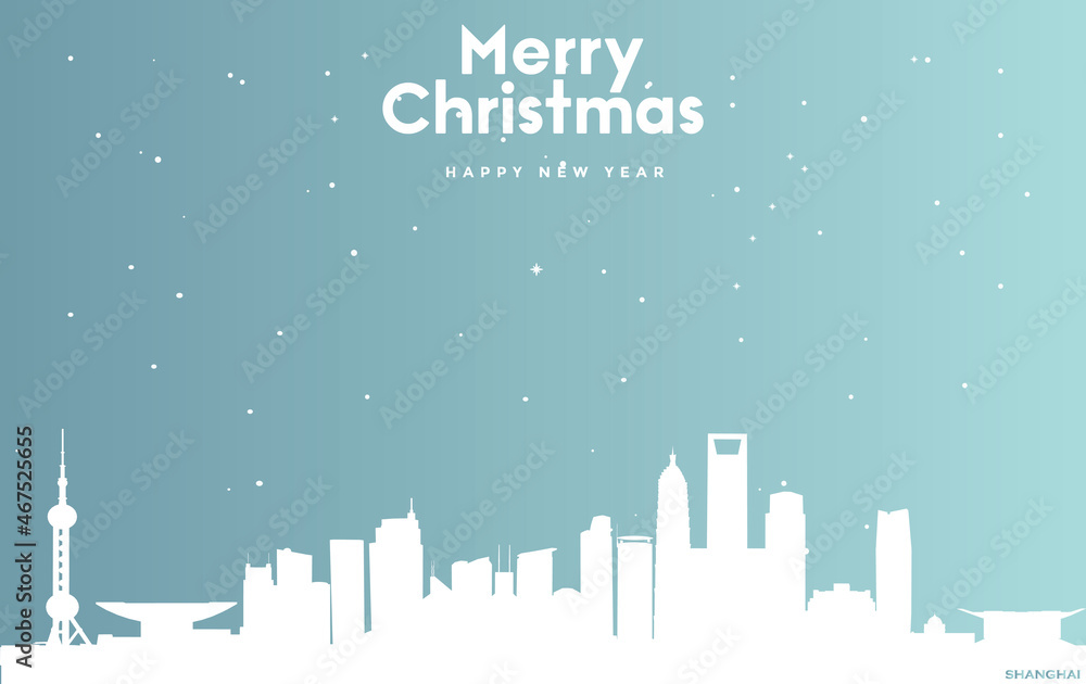 Christmas and new year blue greeting card with white cityscape of Shanghai