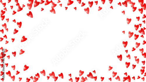 Valentine day border with red glitter sparkles. February 14th day. Vector confetti for valentine day border template. Grunge hand drawn texture. Love theme for party invite, retail offer and ad.